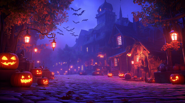 Spooky cobblestone village street with jack-o'-lanterns and flickering lanterns for Halloween