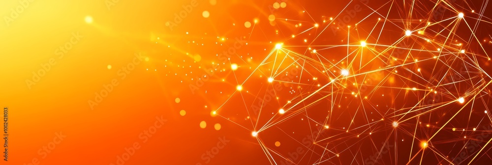 Poster abstract orange technology background with connecting lines, dots, triangles, and bokeh