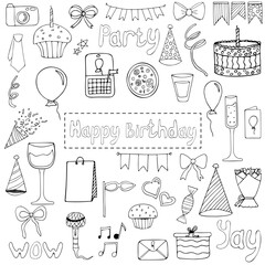 Happy birthday elements doodle set. Celebration stuff, food, drinks and phrases. Event elements, birthday cake and balloons. Black lines hand drawn vector doodles. Isolated on white background.