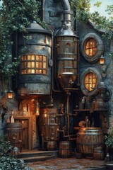 Naklejka premium Charming Steampunk Architecture with Vintage Elements and Lush Greenery