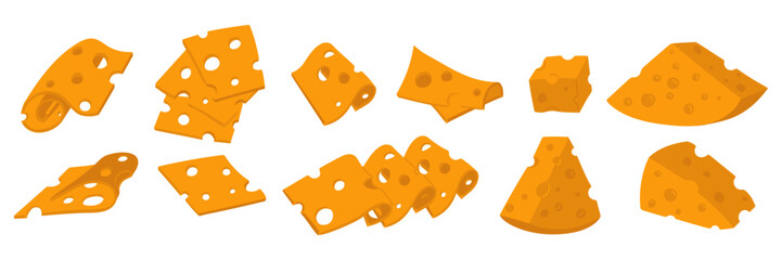 set of various triangular slices of yellow cheese with holes. A flat illustration of cheeses in different positions and slicing, isolated slices, a modern vector collection of pieces of dairy products