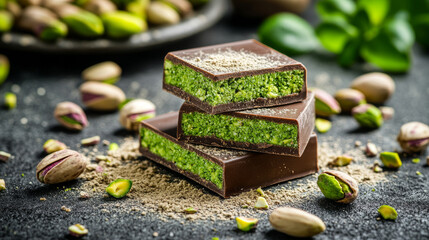 Close-up of rich Dubai chocolate bars filled with vibrant green pistachio paste, surrounded by fresh pistachios, offering a gourmet and nutty treat.
