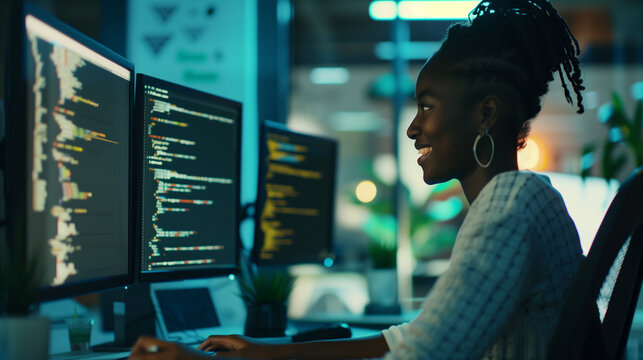 Young Female Programmer Smiling During Coding, Attractive Side View in Office Environment