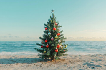 A festive Christmas tree with ornaments stands on a sandy beach by the ocean, blending holiday cheer with a coastal setting.
