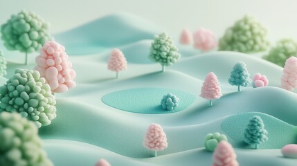 A whimsical landscape featuring pastel-colored trees and rolling hills.