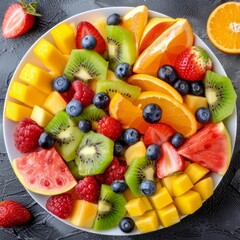 Obraz premium Freshly sliced fruit platter with various seasonal fruits on dark background. Top view.
