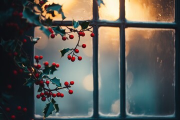 A Sprig of Holly with Red Berries against a Frosted Window with Warm Light