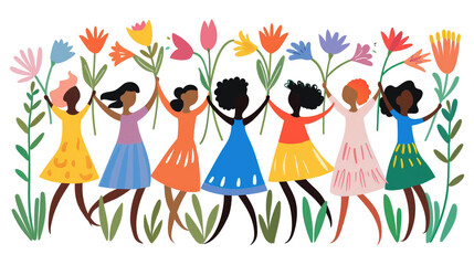 Fototapeta premium Diverse women celebrating the arrival of spring with colorful flowers.