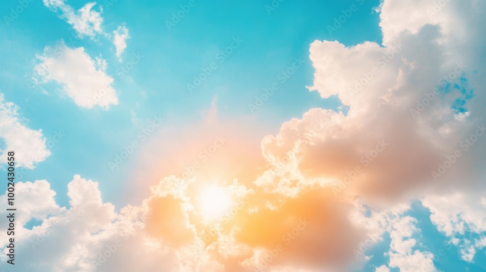 Poster the bright sun radiates warmth as it filters through the fluffy clouds, creating a tranquil and invi