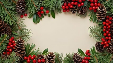 Christmas Border frame of tree branches red berries and pine cones.