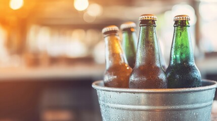 Chilled beers in a bucket are displayed on the bar counter, inviting customers to unwind and socialize over drinks