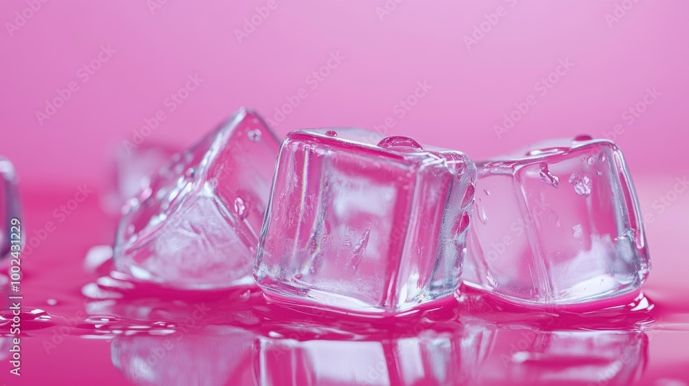 Poster several clear ice cubes are positioned on a pink surface, with water droplets adding a refreshing to
