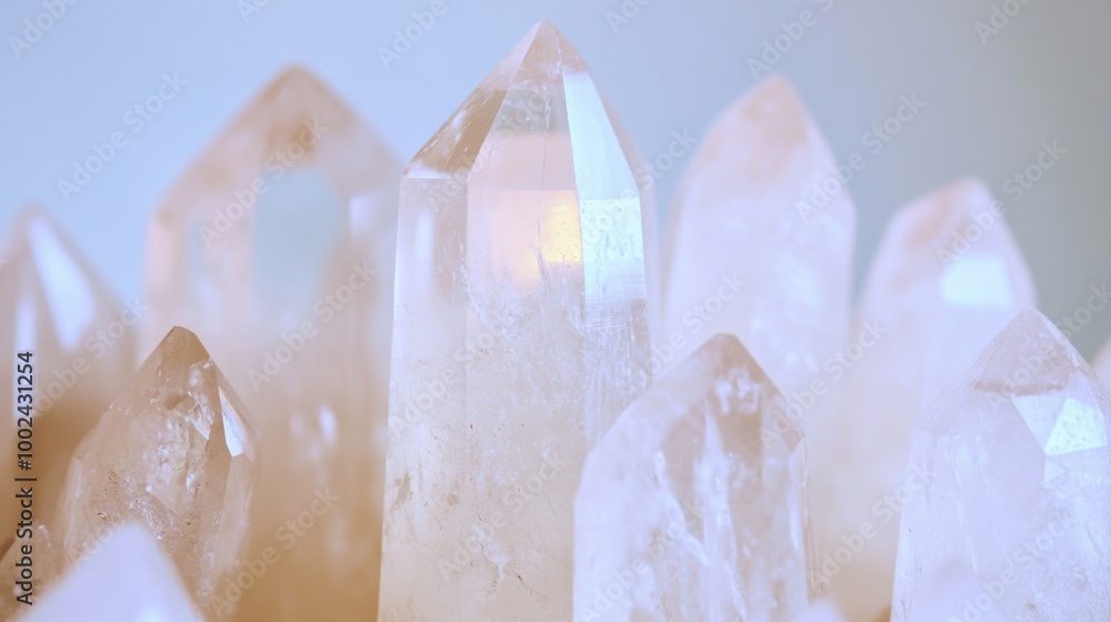 Poster dazzling clear quartz crystals sparkle under soft light, revealing their unique shapes and transpare