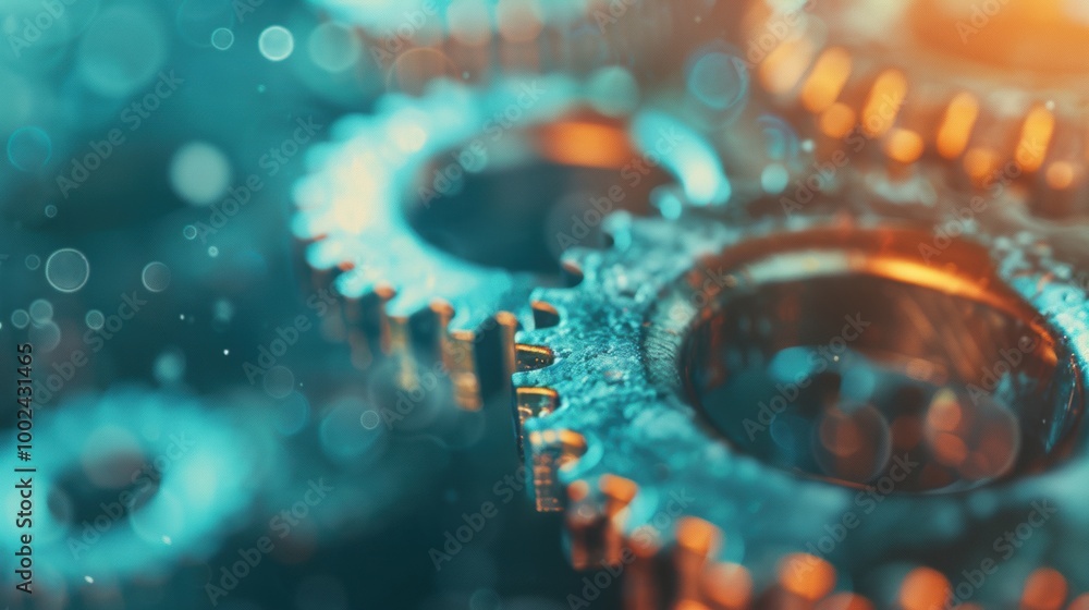 Poster the intricate metallic gears rotate smoothly, reflecting light and showcasing their detailed structu