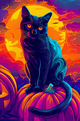 A glowing neon black cat sits amidst vibrant jack-o'-lanterns and haunted houses, creating a spooky and colorful Halloween night scene.


