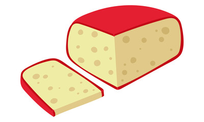 A piece of gouda cheese with a thin slice in a flat style with realistic motifs, Cheese in a red wax package. Insulated triangular piece with slicing on white for a taste test vector illustration