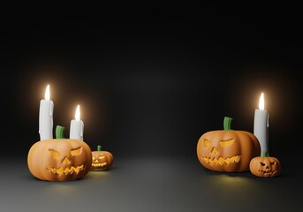 Podium minimal scene 3d with candle and podium Halloween platform. Halloween background with pumpkin podium. stand to show products. Stage Showcase on pedestal display stand.  3D render