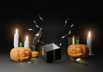 Podium minimal scene 3d with candle and podium Halloween platform. Halloween background with pumpkin podium. stand to show products. Stage Showcase on pedestal display stand.  3D render