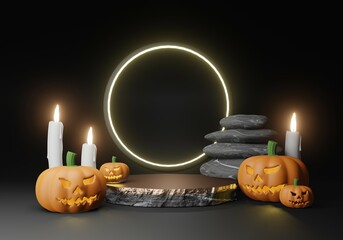 Podium minimal scene 3d with candle and podium Halloween platform. Halloween background with pumpkin podium. stand to show products. Stage Showcase on pedestal display stand.  3D render