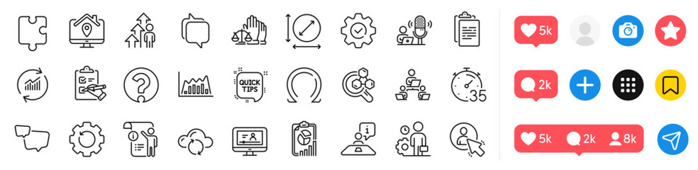 Circle area, Messenger and Online video line icons pack. Social media icons. Omega, Puzzle, Speech bubble web icon. Clipboard, Checklist, Teamwork pictogram. Podcast, Employee result, Report. Vector