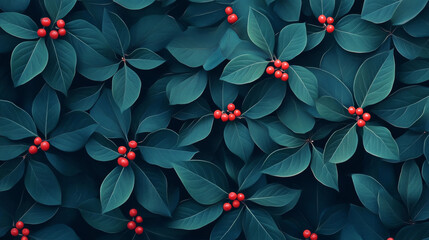 Elegant seamless pattern of vibrant red berries and green leaves against a dark background, perfect for nature-inspired designs or holiday-themed visuals.
