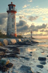 Obraz premium Tranquil Lighthouse at Sunset: Captivating Coastal View with Rustic Charm