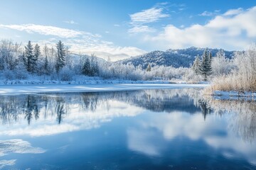 Snow-Covered Trees Reflected in a Still Winter Lake