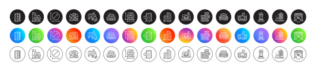 Lighthouse, Building and Furniture line icons. Round icon gradient buttons. Pack of Plan, Home moving, Open door icon. Loan house, House dimension, Skyscraper buildings pictogram. Vector