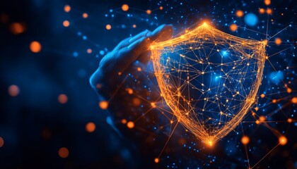Cybersecurity Expertise Hand With Futuristic Shield, Protecting Information Networks, Data Security