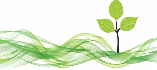 Abstract green wave background with a sapling on white background, vector illustration