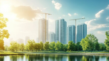 Obraz premium Modern Cityscape with Tall Buildings, a Pond, and Lush Greenery Under a Blue Sky