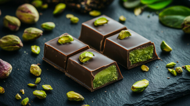 Close-up of rich Dubai chocolate bars filled with vibrant green pistachio paste, surrounded by fresh pistachios, offering a gourmet and nutty treat.
