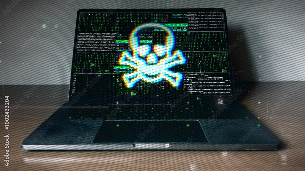 Poster laptop screen with malware warning symbol and digital code background. cybersecurity breach alert