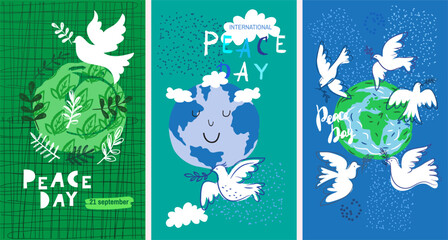 International world peace day. Dove of peace  template set cards Concept for poster, greeting card, book cove