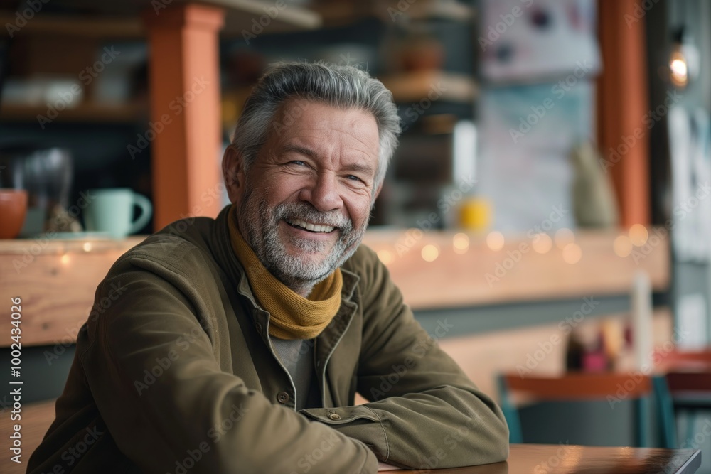 Wall mural Happy mature man sits in cafe, smiling with sense of contentment. His grey hair and beard give him distinguished look. He wears casual attire and eyeglasses, exuding sense of style and maturity.