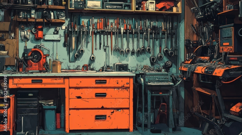 Poster a cluttered workshop with various tools and equipment
