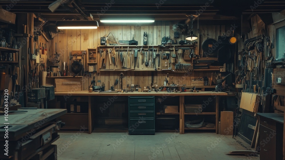 Poster Well-Equipped Workshop with Tools and Workbench