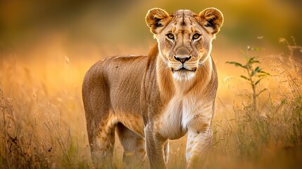 Obraz premium A lion in tall grass with a blurry grassy background