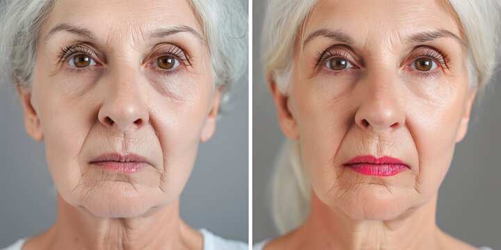 Senior woman face before, after biorevitalization procedure. Close-up view shows significant difference in skin texture, appearance. Wrinkles, fine lines reduced, skin looks smoother, healthier,