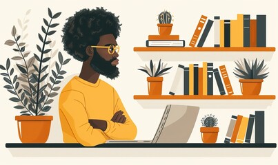 A thoughtful man with curly hair and glasses sits at a desk with a laptop, surrounded by potted plants and bookshelves filled with books and more plants.