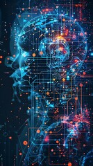 A digital representation of a human head with circuits and glowing elements.