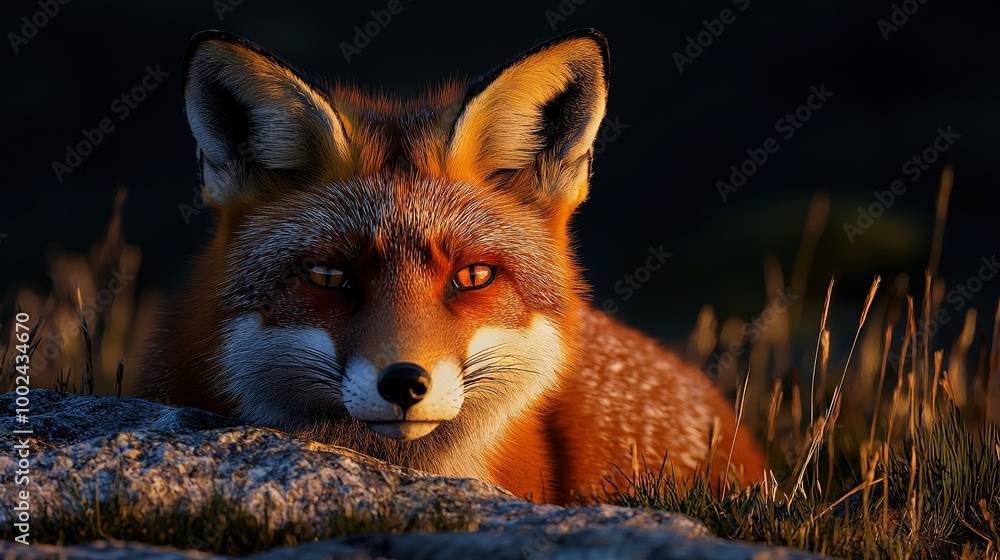 Canvas Prints   A zoomed-in picture of a red fox resting on a green field, with its eyes open and a rock nearby