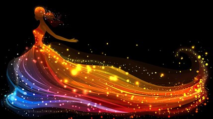 Obraz premium A silhouette of a woman in a flowing dress made of colorful, swirling lights and sparkles. The dress transitions from orange to blue, creating a vibrant and magical effect against a black background.