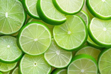 Fresh lime slices create vibrant background. Lime fruit cut into thin slices. Green and yellow citrus fruit texture. Natural, organic, and healthy food ingredient.