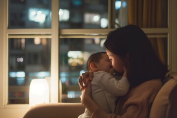 Mother, daughter share intimate moment in apartment. Caucasion woman breastfeeds her young child. Family bond, love, togetherness in indoor setting. European mother, baby enjoy quality time together.