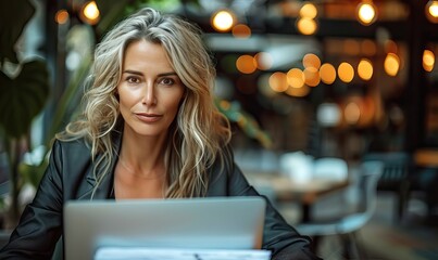 Fototapeta premium A confident woman with long, wavy blonde hair sits at a table in a cozy café, looking directly at the camera. 