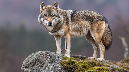 Fototapeta premium Wolf perched atop moss-covered rock, surrounded by trees