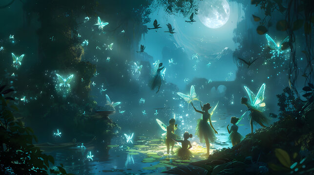 Beautiful garden filled with fairies and fireflies.