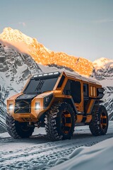 A futuristic orange off-road vehicle traversing a snowy mountainous landscape.
