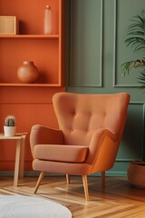 Cozy armchair near colorful wall in modern room interior. Comfortable chair for relaxation, elegant design, minimalist style. Green, grey hues, stylish decor, home furnishing, furniture design,